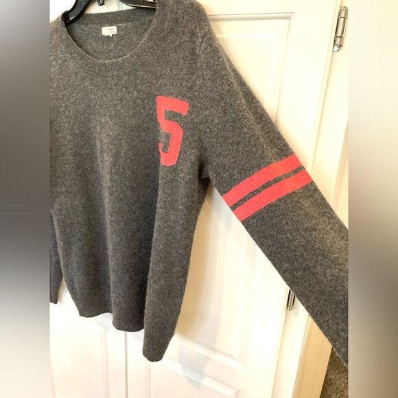 Halogen 100% Cashmere Grey Raglan #5 Stripe Sleeves Preppy Soft Sweater Large - Picture 4 of 8